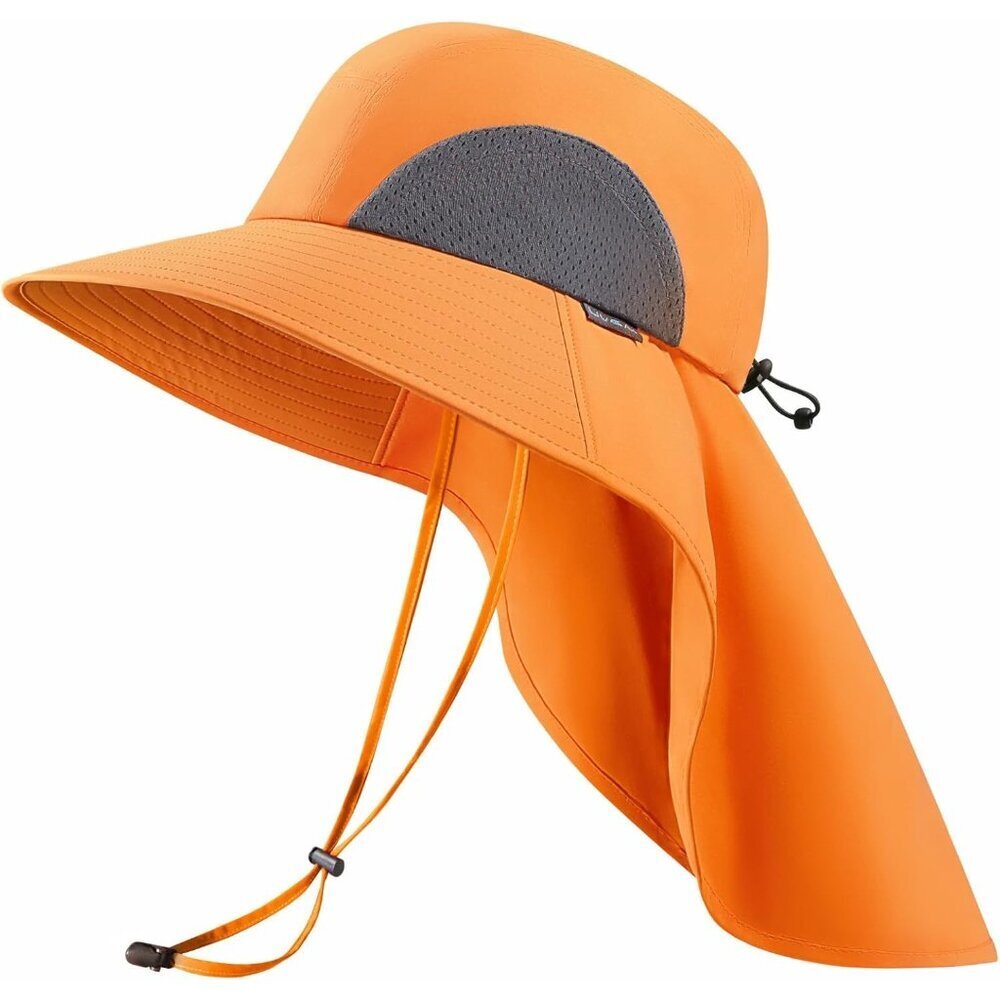Unisex Orange 100%Polyester Wide Brim Mesh Vent With Neck Flap Classic Beach Hat